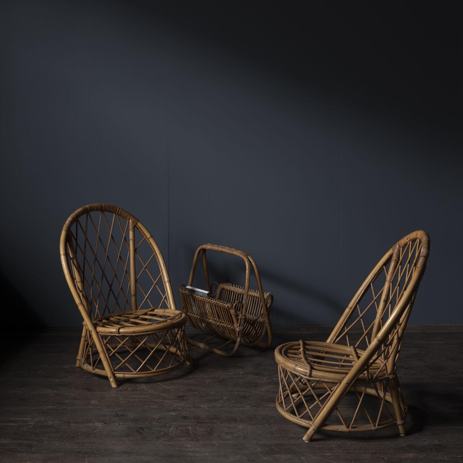 Set of Rattan Low Chairs and Magazine Rack