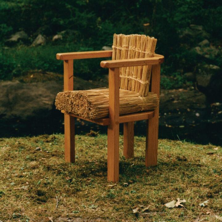 Red Oak Armchair w/ Thatched Upholstery